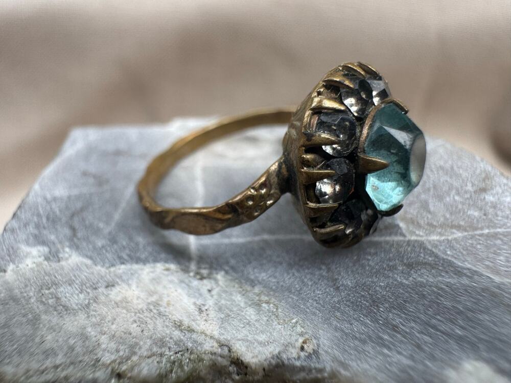 Vintage Artisan Blue Glass & Smoky Rhinestone Halo Ring | Handcrafted | Size 3.5